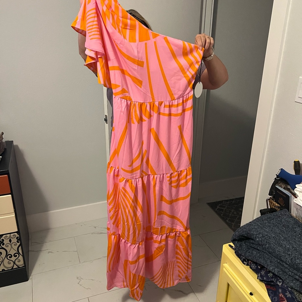 Vibrant Pink and Orange One Shoulder Maxi Dress Sunset/Tequila Sunrise Style